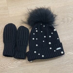 Elegant Black Knit Hat and Mittens with Pearls